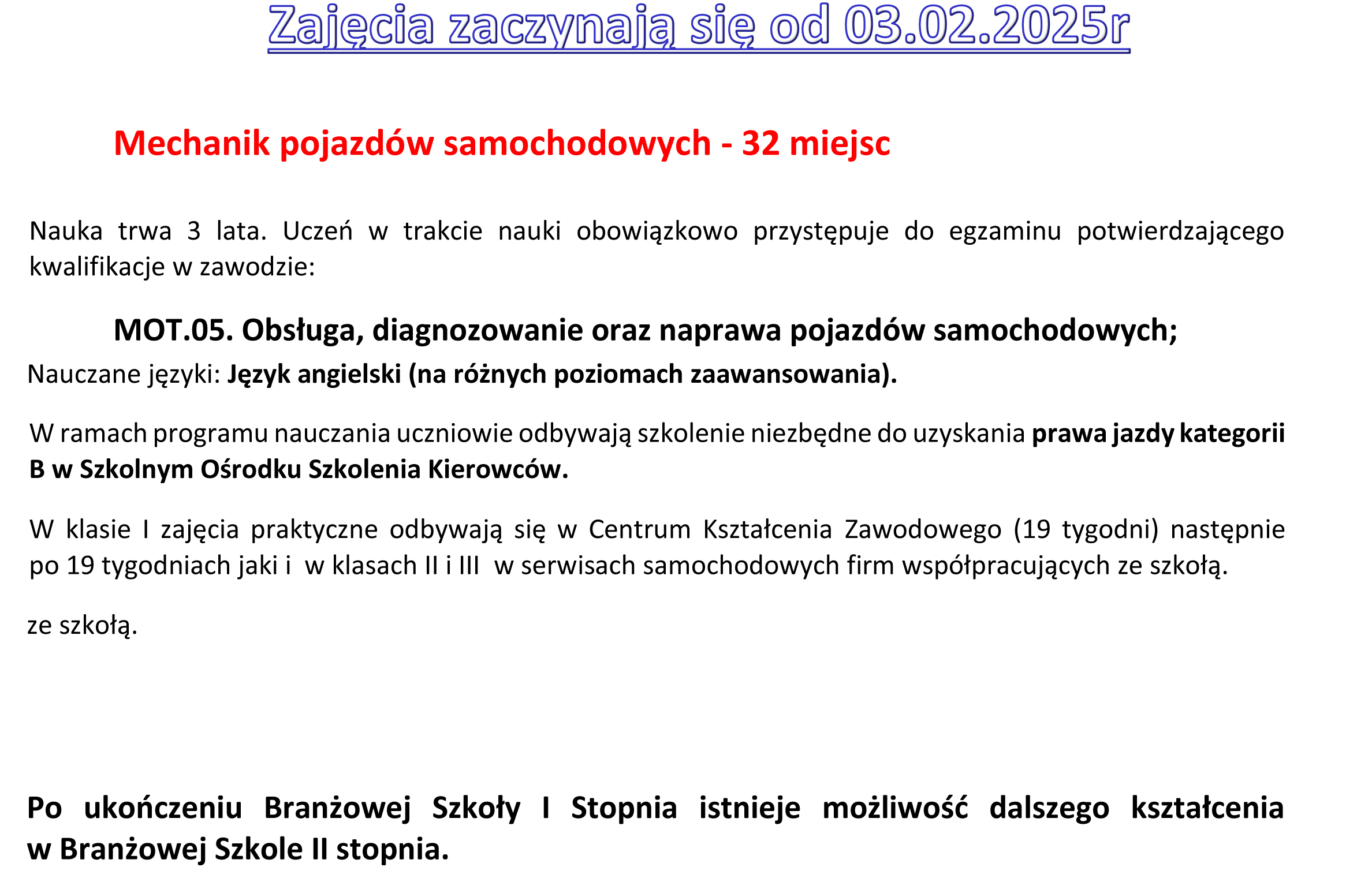 OFERTA KSZTALCENIA NA ROK SZKOLNY 2024 25 branzowa 2a